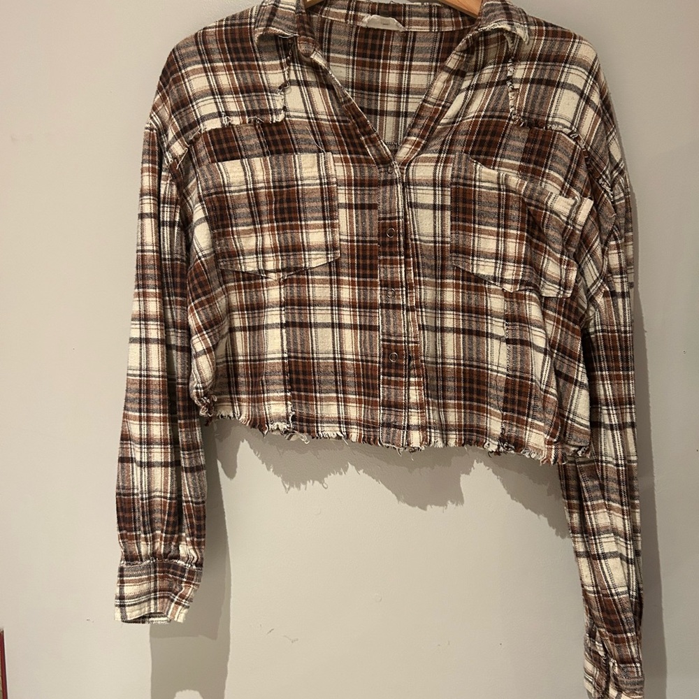 Altar'd State Brown and Cream Cropped Plaid Button Down